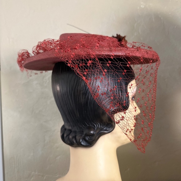 ENCHANTING 1940s\' SALMON COLOR STRAW WIDE BRIM FEDORA WITH MATCHING FULL VEIL main image 10